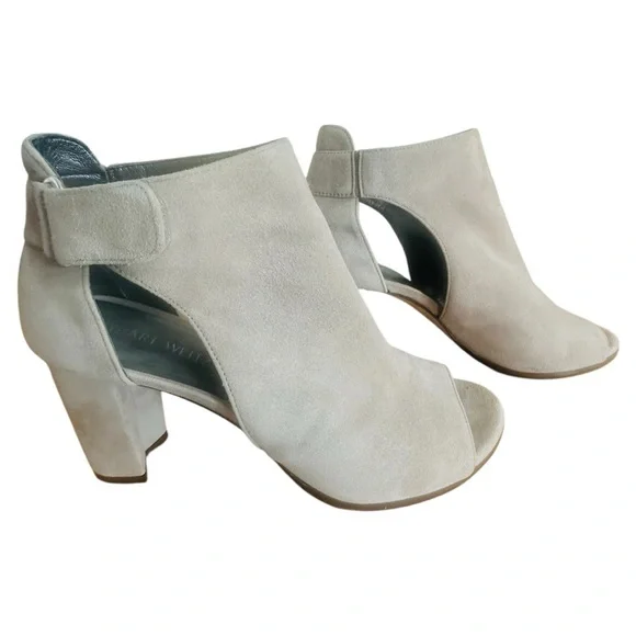 Stuart Weitzman Adjustable Taupe Gray Suede Open Toe Heeled Booties Size 8.5M - Picture 2 of 9